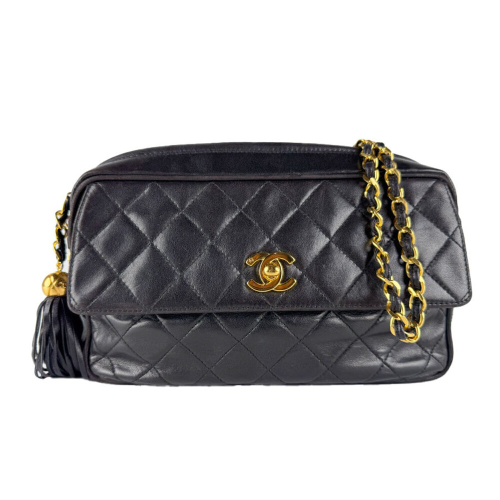 Chanel CHANEL Shoulder Bag, Lambskin, Black & Gold, Women's z10893